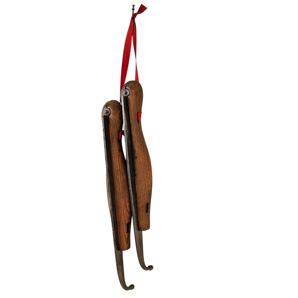 Antique KHS Ice Skates Pair | Wooden Tie-On Skates | Forged Steel Runners c1900 - Picture 2 of 7